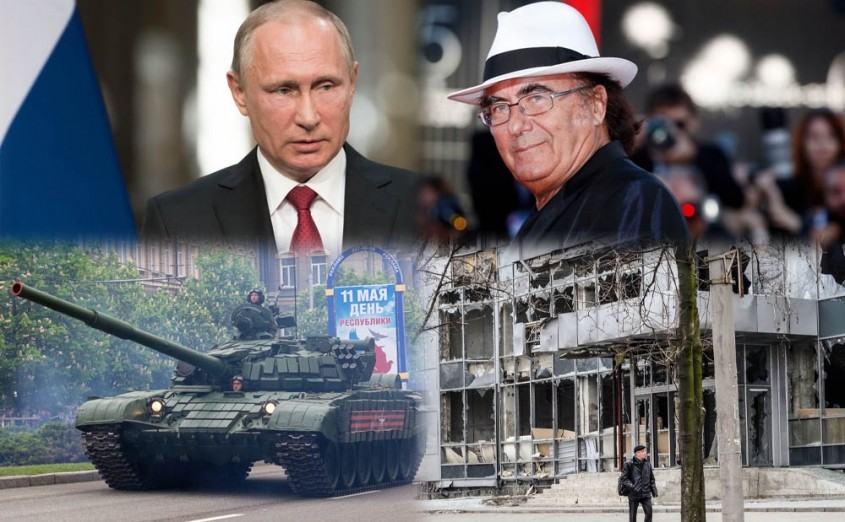 vladimir putin albano carrisi carro armato palazzo distrutto guerra ucraina russia donbass